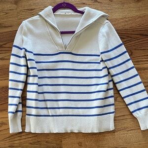 Elegant Blue and Cream Striped V-Neck Sweater